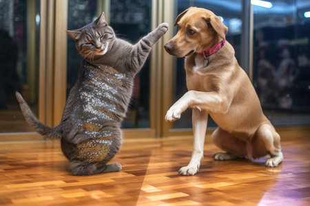 cute dog and cat duo performing synchronized dance moves on a shimmering disco floor, created with generative aiの素材