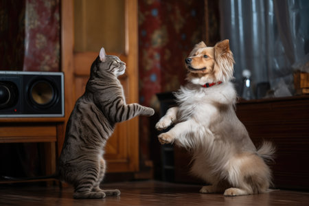 a dog and cat in sync, dancing to a pop song, created with generative aiの素材