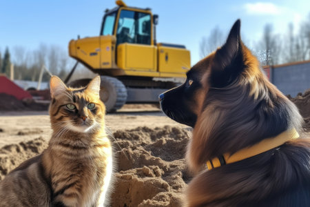 construction site with cat and dog inspecting the work, created with generative aiの素材