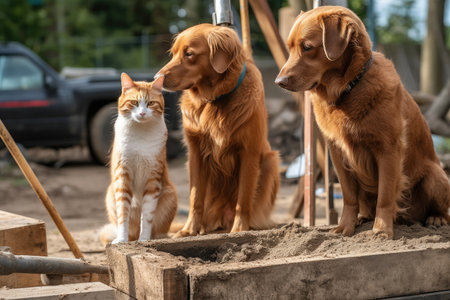 building site with cat and dog working together to build sturdy structure, created with generative aiの素材