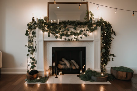 a modern fireplace with a mix of natural and artificial materials, including garlands, led lights and ornaments, created with generative aiの素材