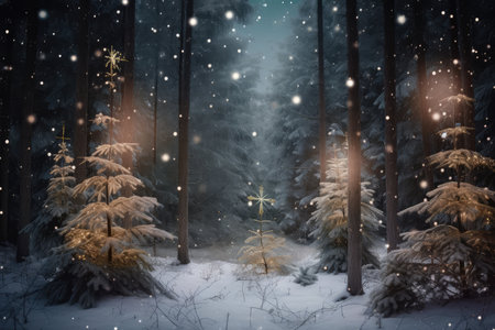 a magical forest with a towering fir tree, twinkling lights and snowflakes, created with generative aiの素材