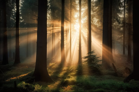 foggy forest at sunrise, with rays of light shining through the mist, created with generative aiの素材