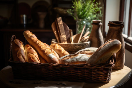 basket of warm, crusty baguettes and artisan loafs for a breakfast or brunch, created with generative aiの素材
