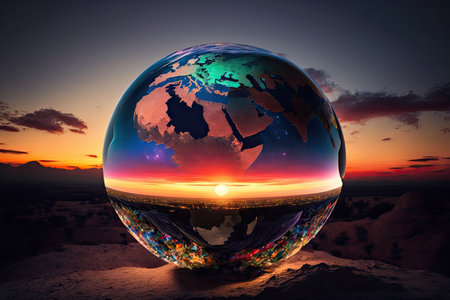 a breathtaking view of a sunrise over the globe, showcasing an array of colors and lighting that illuminate different parts of the world., created with generative aiの素材