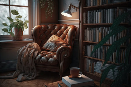 a cozy reading nook with a brown leather chair and bookshelf, created with generative aiの素材