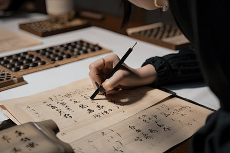 calligraphy workshop, with hands practicing the art of calligraphy on paper, created with generative aiの素材