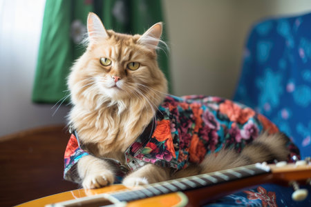 cat sitting on top of acoustic guitar, wearing rock n roll outfit and playing instrument, created with generative aiの素材
