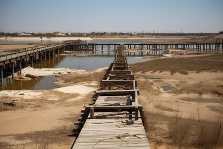 drought-stricken town, with dried up lake and empty pier, created with generative aiの素材