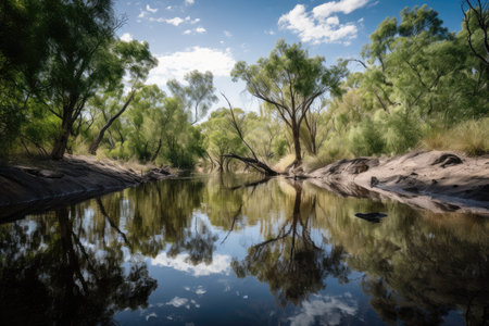 shallow freshwater pool with reflections of trees and sky, created with generative aiの素材
