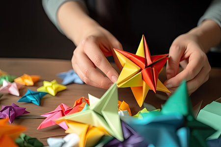 person, making origami star with colored paper for holiday decoration, created with generative aiの素材