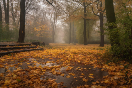autumnal scene with yellow and orange leaves on the ground, created with generative aiの素材