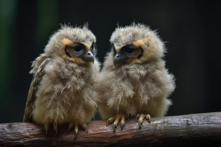 baby owls perched on a branch, heads turned toward each other, created with generative aiの素材