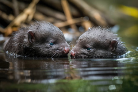 baby otters playing and frolicking in the water, with their shining fur visible, created with generative aiの素材