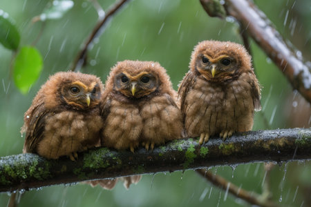 baby owls huddle together on the branch, sheltered from rain and wind, created with generative aiの素材