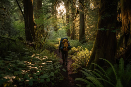 camping and backpacking enthusiast, hiking through lush forest with backpack and tent visible, created with generative aiの素材