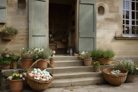 french country house with basket of fresh eggs on the front step, created with generative aiの素材