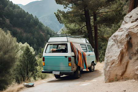 van with hammock and book on the side of mountain road, created with generative aiの素材