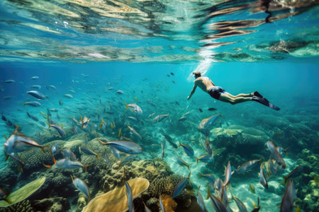 snorkeler exploring underwater world, with scuba diver in the background, created with generative aiの素材