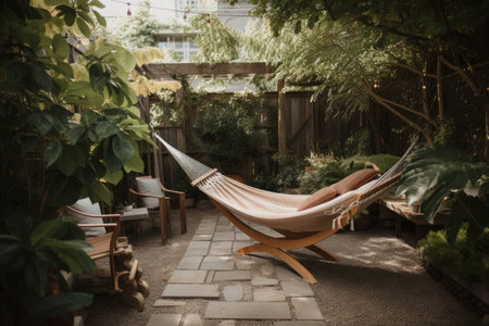 peaceful garden retreat, complete with hammock and tea service, created with generative aiの素材