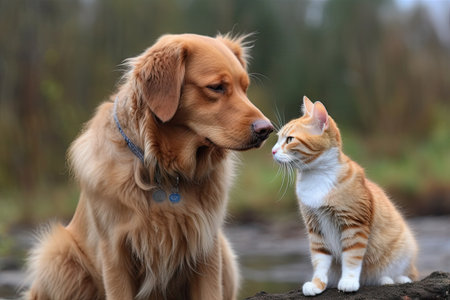 cat and dog duo meeting for the first time, playing together and getting to know each other, created with generative aiの素材