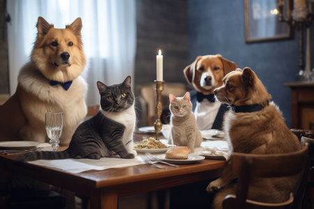 a formal dinner party with a cat and dog attending in formal attire, created with generative aiの素材