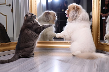 a furry cat and a fluffy dog performing elegant dance moves on a mirrored floor, created with generative aiの素材