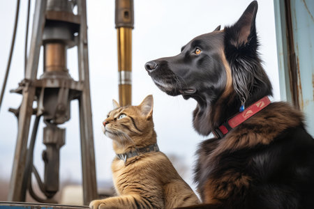 cat sitting on drilling rig, while dog keeps watch, created with generative aiの素材