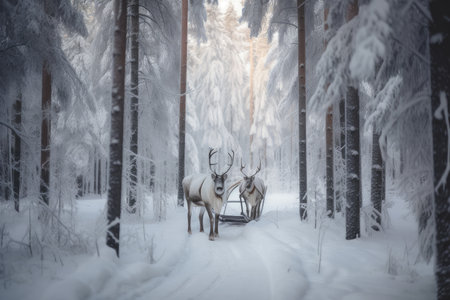 beautiful holiday scene with snow-covered forest, sleigh and reindeer, created with generative aiの素材