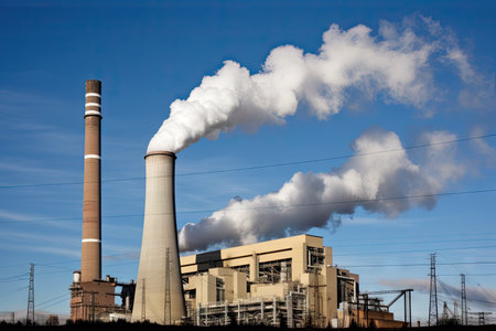 power plant, with smoke billowing from its chimneys, producing electricity for the grid, created with generative aiの素材
