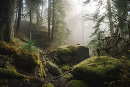 foggy forest with silhouettes of towering trees and moss-covered rocks, created with generative aiの素材
