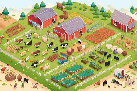 sustainable farm, with rows of crops and animals for food, created with generative aiの素材