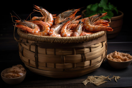 basket overflowing with tiger shrimp prawns, ready for cooking, created with generative aiの素材