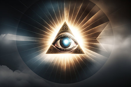 close-up of all-seeing eye with rays of light shining from it, created with generative aiの素材