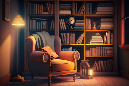 bookshelf surrounded by cozy armchair and reading light, created with generative aiの素材