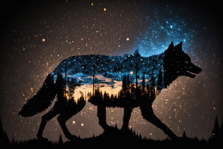 double exposure of wolf, running through the forest, and night sky with stars visible, created with generative aiの素材