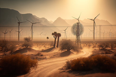 desert landscape with solar and wind farms in the background, created with generative aiの素材