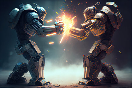 two futuristic robots battle, exchanging blows with their mechanical fists, created with generative aiの素材
