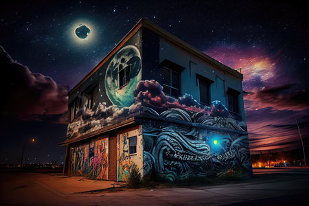 a building with graffiti art, with the night sky in the background, created with generative aiの素材