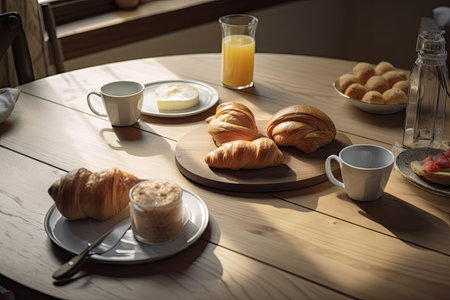 table setting, with plates of fresh pastries and coffee for breakfast, created with generative aiの素材