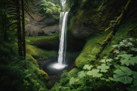majestic waterfall cascading down the side of a canyon, with greenery and wildlife in the background, created with generative aiの素材