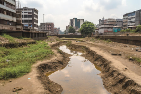 city, with its water supply dwindling due to drought, created with generative aiの素材