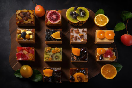 fruit cake slices, each garnished with different type of fruit, created with generative aiの素材