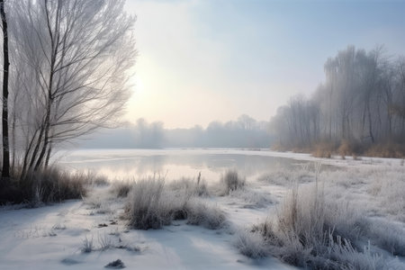 winter landscape with snow-covered trees and frozen lake, created with generative aiの素材