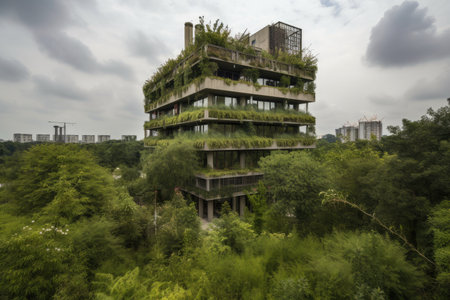 green building surrounded by lush greenery, with birds and other wildlife visible, created with generative aiの素材