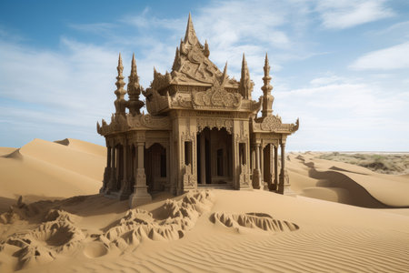 ancient temple with intricate carvings and sculptures, surrounded by sand dunes, created with generative aiの素材