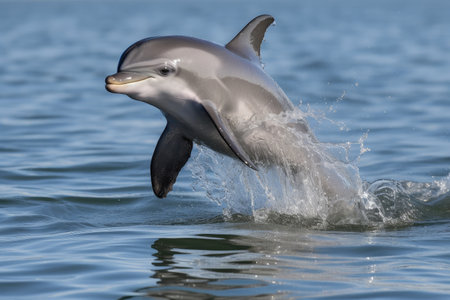 baby dolphin jumping out of the water, with its tail flapping in midair, created with generative aiの素材