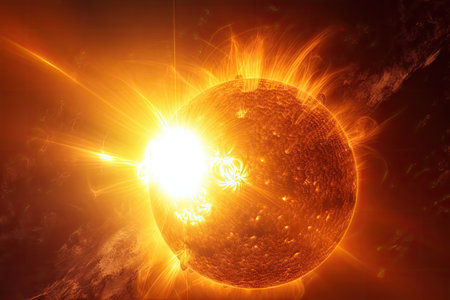 close-up of sun, with explosions and flares visible against its surface, created with generative aiの素材