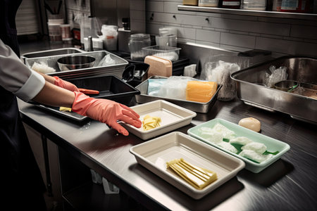 food prep with gloves, hand washing, and boards visible in kitchen, created with generative aiの素材