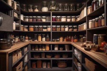 kitchen pantry, filled with neatly organized food and spices, created with generative aiの素材